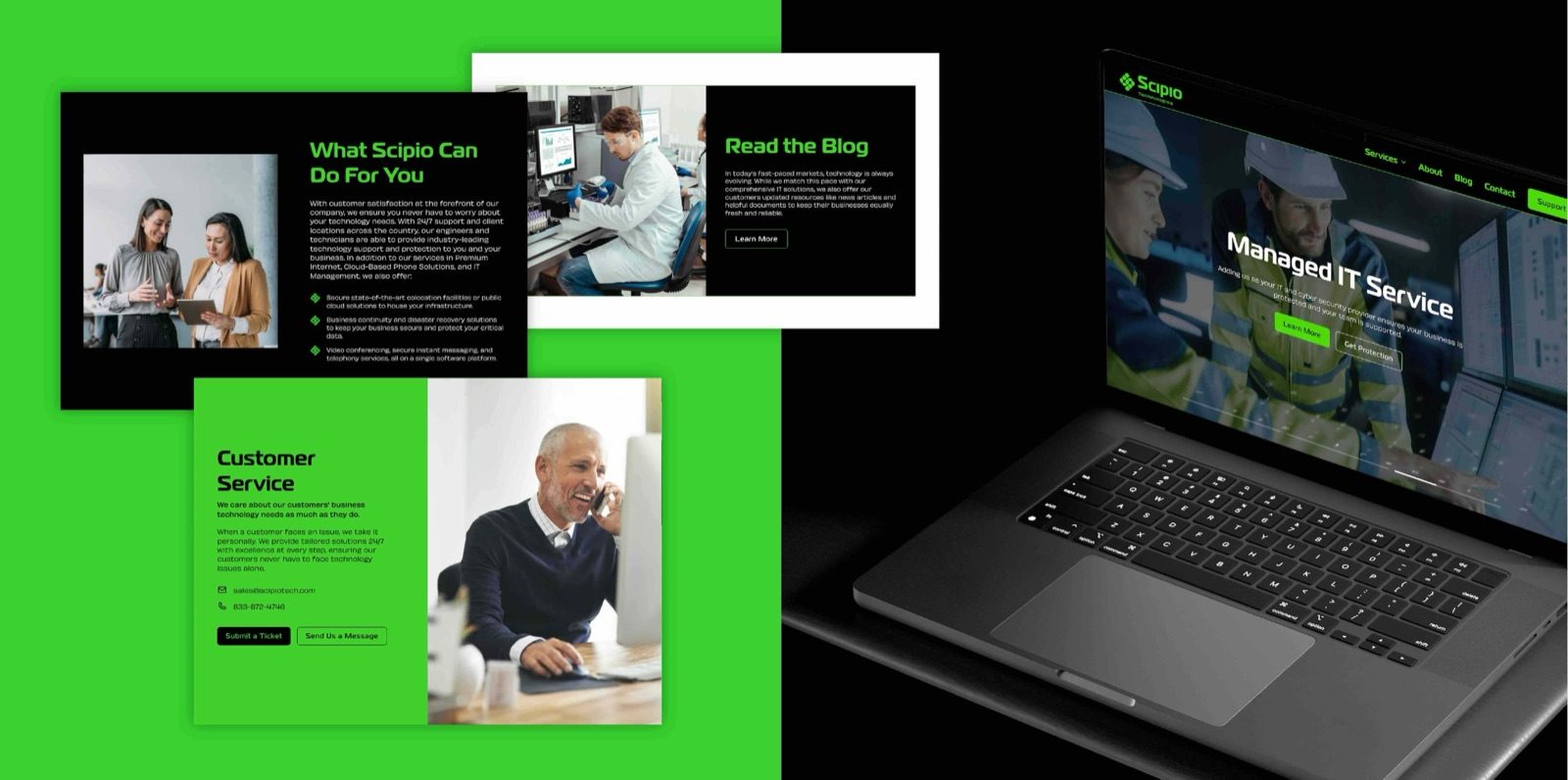 Pages from the new Scipio website on a green background, next to the homepage open on a laptop