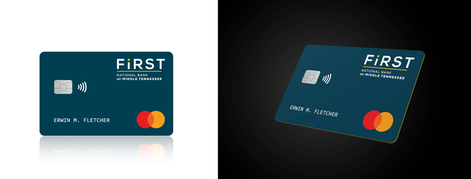 A First debit card shown on light and dark backgrounds